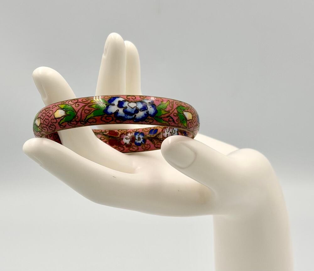 Antique Chinese Cloisonné Bangle Blue with Brass, Floral & Cloud Motifs